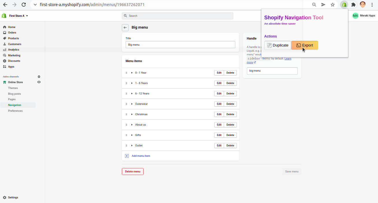 Extension export button highlighted in Shopify menu page