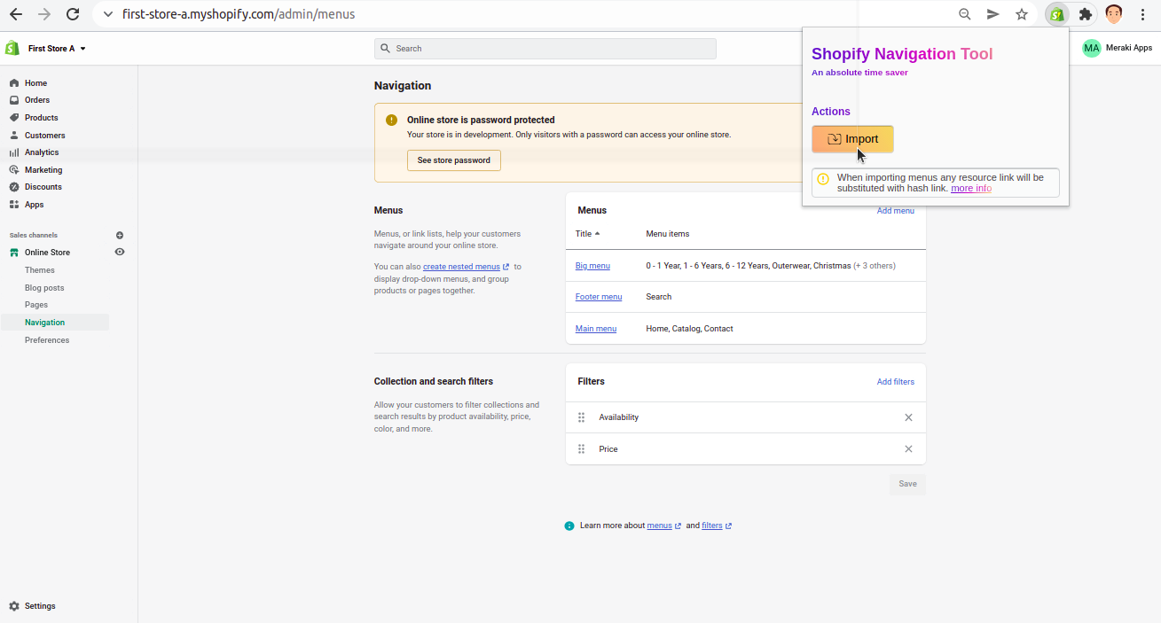 Extension import button highlighted in Shopify menu page