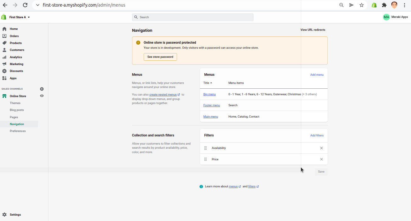 Shopify menus page image